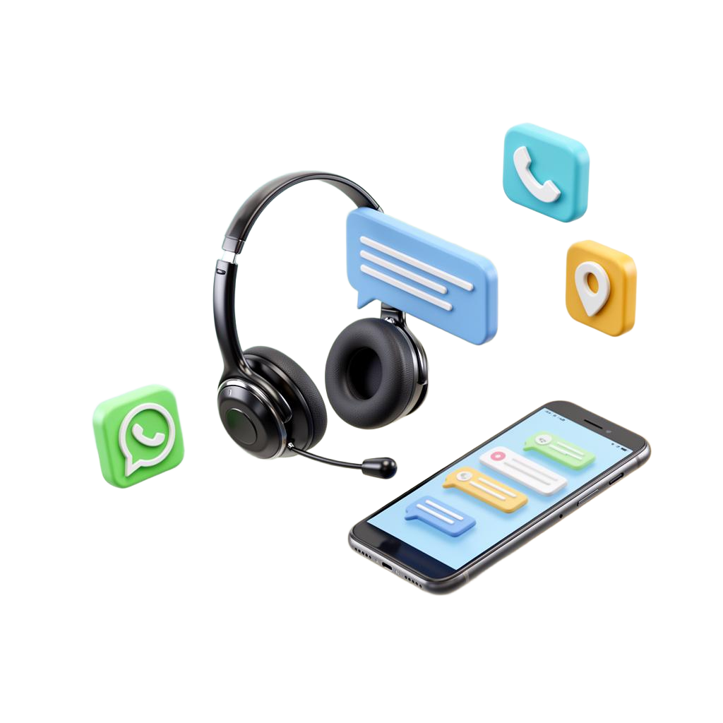 3D illustration of headset, phone and chat bubbles